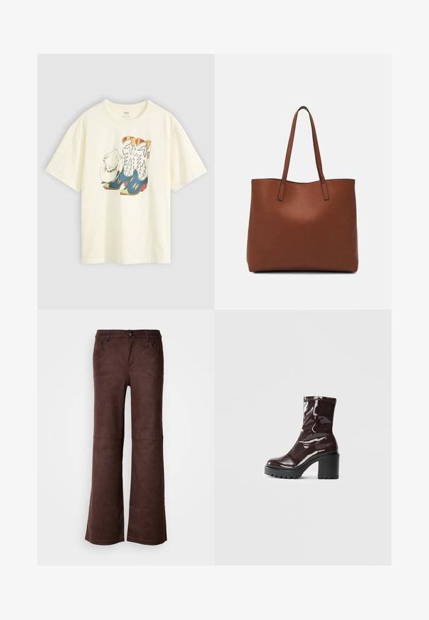 Hvit bomull t-skjorte med et grafisk motiv av cowboy-støvler og en hatt. Støvlene er blå med gule detaljer og hvite aksenter.; Brune flare bukser i et blødt, suede-lignende stof. Har fire lommer, en knaplukning og en glat, tekstureret overflade.; Glinsende burgunder ankelstøvel med en kraftig svart hæl, med en glatt tekstur og enkelt design. Ingen synlige lukkinger eller mønstre.; Brun lær tote veske med en jevn tekstur, åpen toppdesign og to skulderstropper. Har minimal søm og ingen synlige spiker.