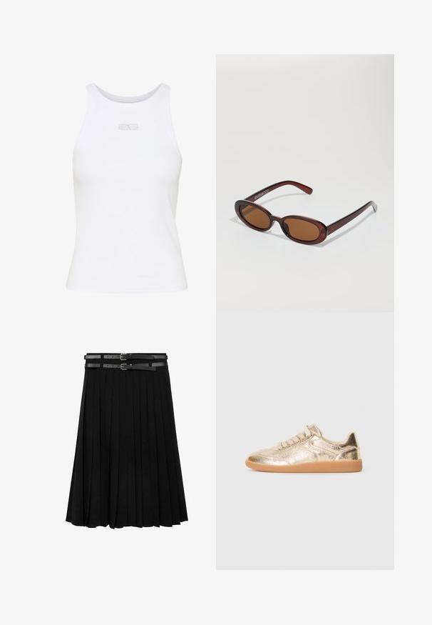 Bílý bezrukávový top vyrobený z elastické tkaniny. Má přiléhavý střih a malou logo vyrobenou z kamínků na přední straně.; Černá plisovaná sukně s dvěma koženými pásky se stříbrnými sponami v pase. Vyrobena z hladké, tekoucí látky.; Nízké tenisky s kovově zlatým texturovaným svrškem, béžovými tkaničkami a gumovou podešví, zobrazené z vnější strany na bílém pozadí.; Kulaté sluneční brýle hnědé barvy s lesklým burgundským rámem. Úzké nožičky s jemným logem. Rovné čočky.; Kabelka s leopardím vzorem má černý základ z umělé kůže, dvojité horní uši, zlatý zip a akcenty z černé umělé kůže. Obdélníkový tvar.