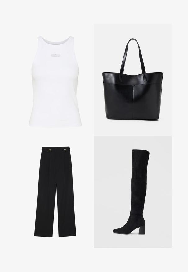 Camisola regata branca, sem mangas, feita de tecido elástico. Apresenta um design ajustado e um pequeno logótipo feito de strass na parte da frente.; Calças largas pretas com cintura alta, detalhes em botão na cintura e pregas frontais.; Bota de camurça preta até ao joelho com salto bloco, bico fino e design suave e sem costuras sobre um fundo claro.; Bolsa tote preta em couro com duas alças longas, textura suave e forma estruturada. Apresenta um bolso frontal para armazenamento adicional.