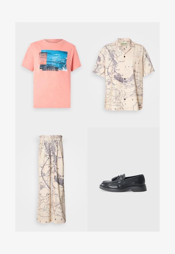 Persikinė trumpomis rankovėmis marška su mėlyna ir juoda grafika, su tekstu ir vandens tekstūros detalėmis. Minkšta, lengva medžiaga.; Šviesiai smėlio spalvos trumpomis rankovėmis marškiniai su tamsiai mėlynu žemėlapio raštu, klasikiniu kirpimu ir priekine kišenėle.; Plati kojinės, kurių dizainas remiasi žemėlapių raštu tamsiai mėlynos spalvos ant smėlio fono, su gurnų detalėmis juosmens srityje ir laisvu siluetu.; Juodi odiniai loafersai su apvaliu nose, juostele su kutais ir storesniu padu su raštu. Lygus paviršius ir klasikinis dizainas.