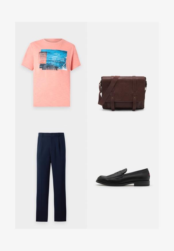 Peach short-sleeve t-shirt featuring a blue and black graphic print, with text and water texture details. Soft, lightweight fabric.; Navy blue trousers made of smooth fabric, featuring a single button closure, pleats, and straight legs. Minimalist design with no notable patterns.; Black leather loafers with a smooth finish, rounded toe, and a small decorative flap. Features a low stacked heel and subtle branding detail.; Brown leather messenger bag with a flat front flap, two straps, gold hardware accents, and an adjustable shoulder strap.