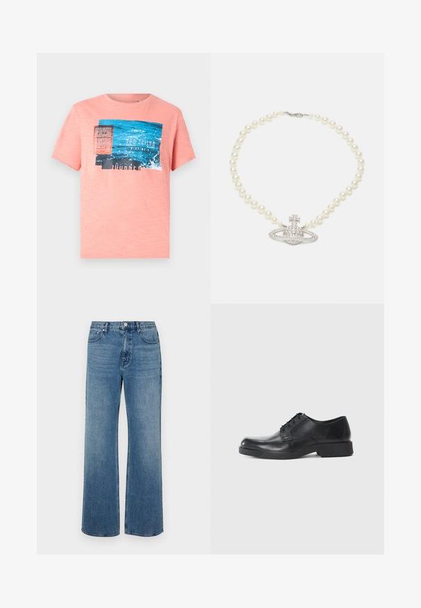 Bársony színű, rövid ujjú póló, kék és fekete grafikai nyomattal, szöveggel és víztextúra részletekkel. Puha, könnyű anyag.; Széles lábú, koptatott kék farmernadrág. Öt zsebből, elülső gombos záródásból és egyenes szabásból áll.; Fekete bőrcipő, lekerekített orral, fűzős kivitelben és alacsony blokk sarkú. Simma textúra és minimalista profil.; Gyöngy nyaklánc ezüst korona medállal, amely fényes strasszköveket tartalmaz, kör alakú alapú, kis kereszt akcentussal, sima textúrával és fényes felülettel.