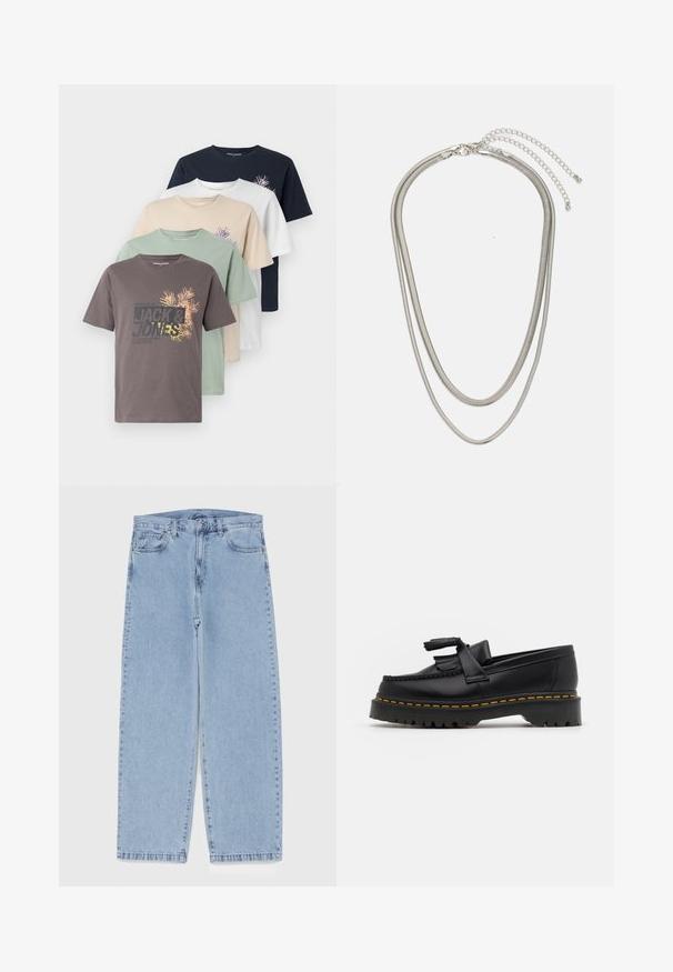 Fünf kurzärmlige T-Shirts in Braun, Grün, Beige, Weiß und Marineblau, mit einem Logo und Grafikdesign auf der Vorderseite. Aus weicher Baumwollqualität.; Hellblaue Jeans aus Denim mit geradem Bein, ausgestattet mit einer mittelhohen Taille, fünf Taschen sowie einem Knopf- und Reißverschluss.; Schwarze Lederloafers mit einem fransenverzierten Akzent, ausgestattet mit einer robusten schwarzen Sohle und gelber Naht entlang der Kante. Texturierte Oberfläche.; Dreischichtige Halskette aus Silbermetall mit schlanken, flexiblen Ketten mit leichtem Glanz, gesichert mit einem Karabinerverschluss und verstellbarer Kette.