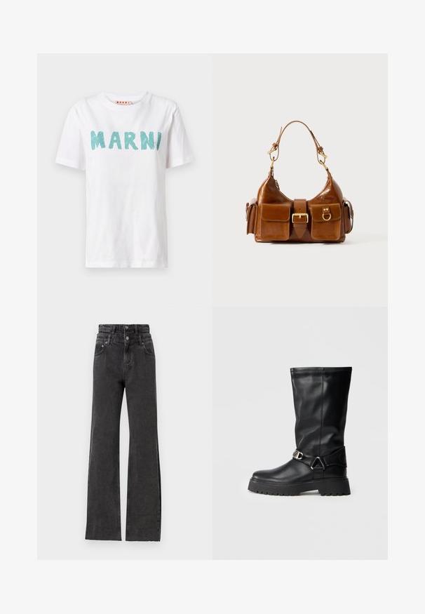 Balta kokvilnas T-kreklu ar teksturētu tirkīza grafiku, kas uzraksta "MARNI" pa priekšu. Klasisks apaļais izgriezums un īsas piedurknes.; Melnas augsta vidukļa džinses ar taisnu kāju dizainu, diskrētu nolietojumu un metāla pogu aksesuāriem jostā.; Melnas ceļa augstās zābakus, izgatavotus no gludas ādas, ar sprādzes akcentu sānos un biezu, teksturētu zoli labākai saķerei.; Brūna ādas rokassoma ar izliekta formu, diviem zelta toniem, divām priekšējām kabatām un platu siksnu. Gluda tekstūra ar elegantu apdari.