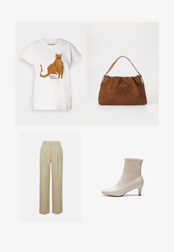 Lollys Laundry TEE - T-shirt med print - white; Beige vida byxor i slätt tyg, med framfåll, skuren midja och sidofickor. Rent fållavslut.; Vit ankboot i slätt läder med spetsig tå och en kort, avsmalnande klack. Har en minimalistisk design och sömlös ovandel.; Brun mockaläderhandväska med ett samlat mönster, som har en enkel rem i tanläder och en subtil guldfärgad logotypdetalj på framsidan.
