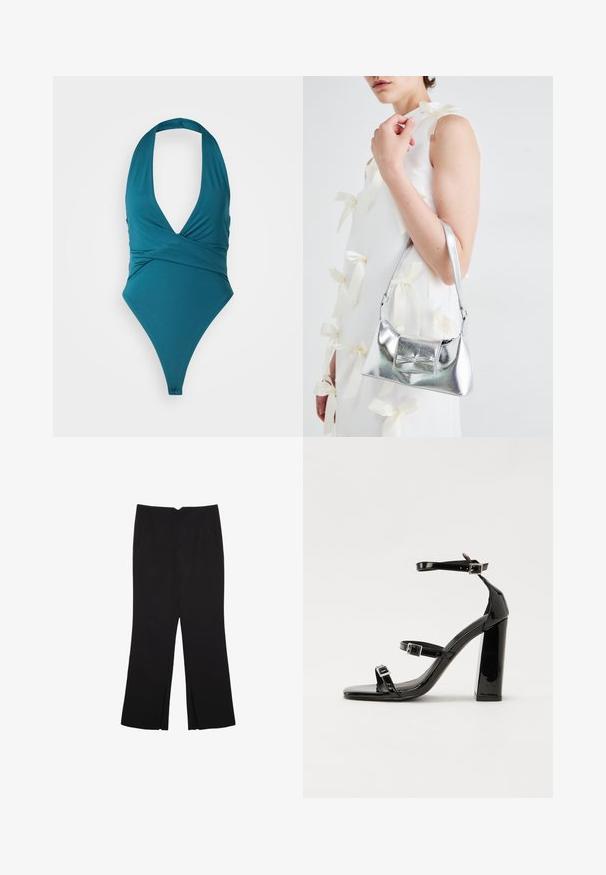 Türkisfarbener Einteiler-Badeanzug mit tiefem Ausschnitt, Wickeldesign und hohen Beinausschnitten. Hergestellt aus glattem, dehnbarem Stoff. Keine ausgeprägten Muster oder Beschläge.; Schwarze Hose mit geradem Schnitt, ausgestattet mit Fronttaschen und Seitenschlitzen am Saum. Hergestellt aus weichem, glattem Stoff. Geeignet für verschiedene Anlässe.; Schwarze patentierte Sandalen mit Absatz, quadratischer Spitze, Knöchelriemen und silbernen Schnallen. Mit einem stabilen Blockabsatz für mehr Stabilität.; Silberne metallische Handtasche mit strukturierter Form, ausgestattet mit einem oberen Griff und einer Schleifenapplikation auf der Vorderseite. Glatte Textur, reflektierendes Finish.