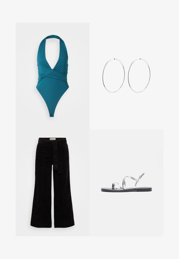 Turkusowy jednoczęściowy kostium kąpielowy z głębokim dekoltem, zapinany w stylu kopertowym i wysokim krojem nóg. Wykonany z gładkiego, elastycznego materiału. Bez wyraźnych wzorów ani dodatków.; Czarne spodnie z korduroy w szerokim kroju, z zawiązywanym paskiem w talii, z teksturowanym wykończeniem i usztywnionym kształtem, idealne do codziennego noszenia.; Srebrne sandały na płaskiej czarnej podeszwie, z cienkimi metalicznymi paskami i regulowanym zapięciem na kostkę. Gładka faktura na całej powierzchni.; Srebrne kolczyki na kółku o gładkim, okrągłym kształcie i wypolerowanym wykończeniu. Są cienkie i lekkie, z prostym zapięciem.