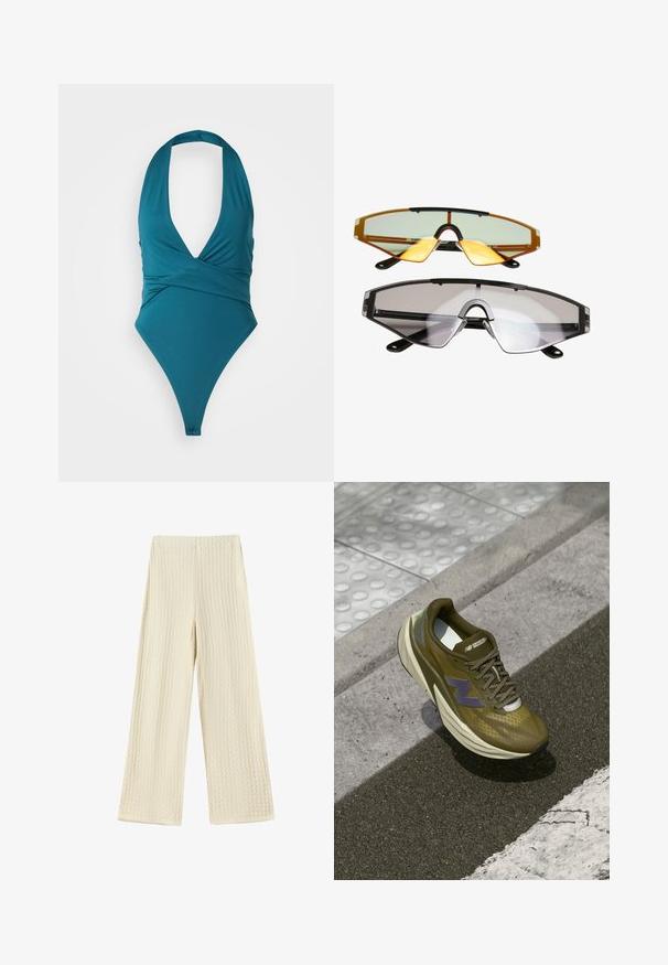 Teal ééndaagse badpak met een diep uitgesneden halslijn, wikkelontwerp en hoog uitgesneden benen. Gemaakt van een gladde, elastische stof. Geen opvallende patronen of hardware.; Wijdvallende broeken van een gestructureerde, crèmekleurige stof. Het ontwerp heeft een wafelpatroon met een hoge taille en lange pijpen.; Olijfgroen sportieve schoen met een ademende bovenlaag van mesh, gevoerde tussenzool, paarse logo-accent en een gestructureerde rubberen buitenzool voor grip.; Twee paar zonnebrillen: de ene met oranje getinte lenzen en zwarte accenten, de andere met heldere lenzen en een vergelijkbaar zwart frameontwerp.