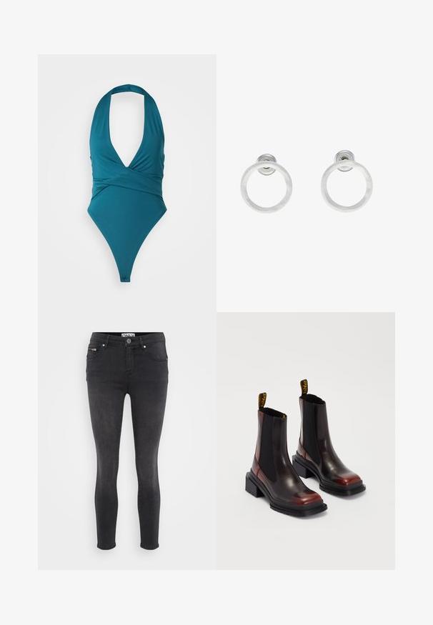 Tyrkysový jednodielny plavky s hlbokým výstrihom, dizajnom do zavinovania a vysokým vykrojením nohavičiek. Vyrobené z hladkej, elastickej látky. Bez výrazných vzorov alebo kovových doplnkov.; Čierne skinny džínsy z denimu. Obsahujú predné zapínanie na gombík a zipsovú kapsu v páse. Hladká štruktúra s minimálnym vyblednutím.; Dr. Martens MAYBOLE CHELSEA - Členkové čižmy na platforme - black/cherry red; Strieborné kovové náušnice vo forme kruhov s brúsenou textúrou, so zaobleným dizajnom a priehľadným zarážkou pre bezpečné nosenie.