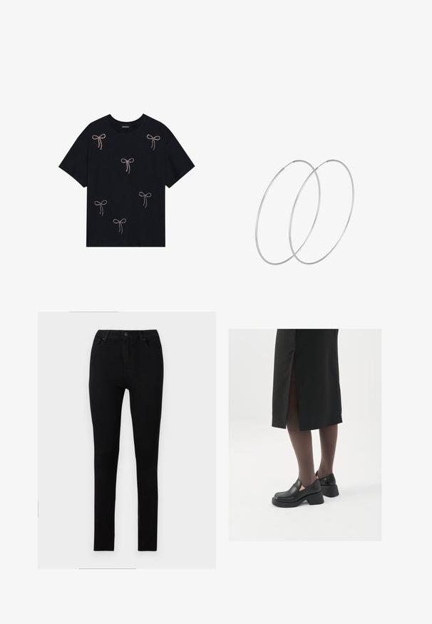 Must t-särk mustast puuvillast, millel on mitu rhinestone'idega kaunistatud paela disaini ees. Ümar kaelus ja lühikesed varrukad.; Mustad mustad teksad, mis on valmistatud venivast denimist. Omab luku ja viit taskut, millel on sile ja ühtlane tekstuur, ilma nähtavate mustriteta.; Mustad mustad jalatsid ümmarguse varbaga, paksu plokkniidi ja elastsete külgdetailidega, kombineeritud tumedate sukkade ja musta lõhikuga seelikuga.; Hõbedased rõngastikkaehingad minimalistlikus disainis. Ümar kuju, sile tekstuur ja õhuke profiil. Kerged ning poleeritud viimistlusega.