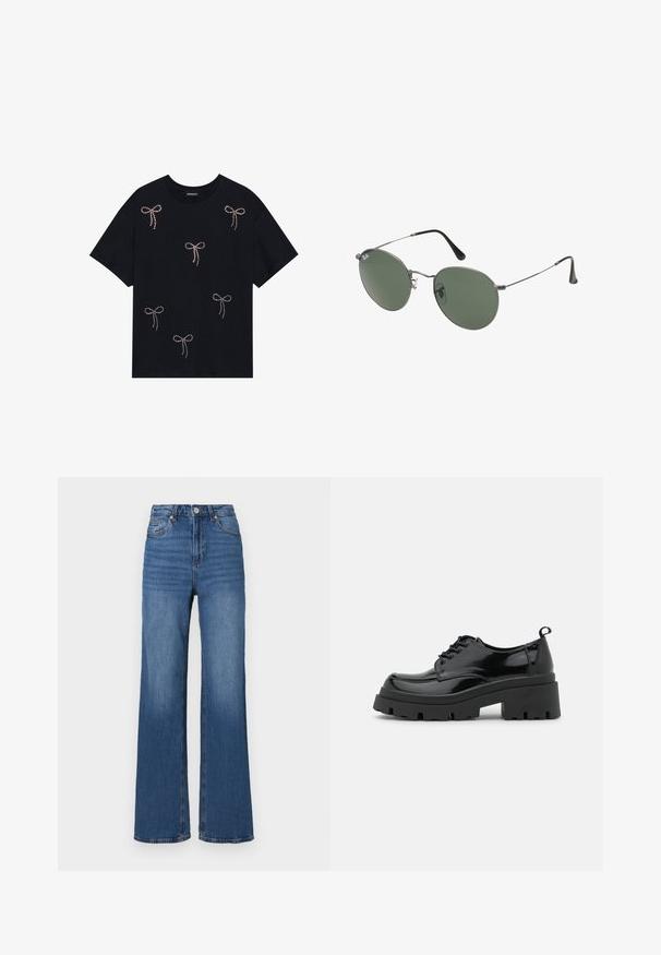 Melna kokvilnas t-kreklu ar vairākiem strazdu rotātiem loku dizainiem priekšpusē. Ar apļa kaklu un īsām piedurknēm.; Augstas jostas, platu kāju zila džinsa bikses, ar klasisku piecu kabatu dizainu un vieglu izbalēšanu gar kājām.; Melnas lakotas ādas kurpes ar masīvu platformas zoli un biezām šņorēm. Apaļa purngala forma, minimālas detaļas un neliela papēža cilpa aizmugurē.; Metāla rāmji saulesbrillēm ar ovālām zaļām lēcām. Tievs sudraba metal rāmji un melni ausu spilventiņi. Minimalistiska dizaina, bez redzamām apzīmējumiem.