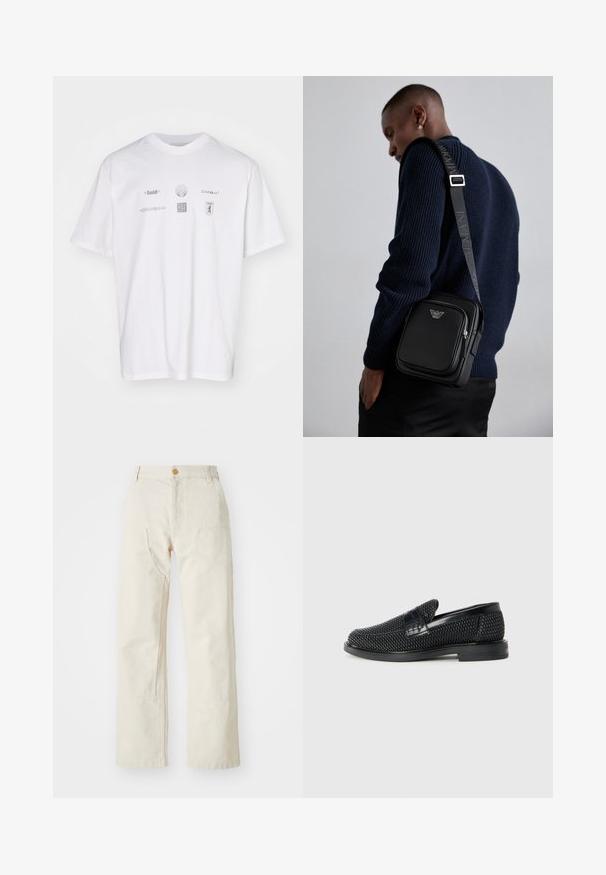Valge puuvillane T-särk, mille esiküljel on mitmed hõbedased logo ja kujundused, sealhulgas "GmbH" ja abstraktsed vormid. Lühikesed varrukad, pehme lõige.; Kreemjad laiad püksid, mis on valmistatud puuvillast, nuppu kinnitusega, kahe külje taskuga ja sirge lõikega, omavad sujuvat tekstuuri.; Must musta kootud slip-on king, millel on pehme nahast accent ülaserval, ümmargune varvas ja madal profiiliga kummitald.; Must mustast nahkrist kotti, millel on lukkudega sektsioon, logo detail ja bränditud reguleeritav rihm. Kanda tekstuurse tumesinise sviitri vastu.