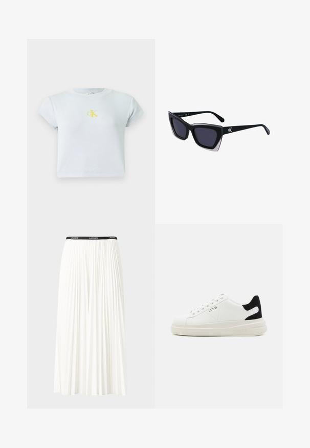 Ανοιχτό μπλε, ριγέ κοντομάνικο crop top με κίτρινο λογότυπο CK στο στήθος. Απλός, στενός σχεδιασμός με στρογγυλή λαιμόκοψη. Λείο υφασμά.; Κοντή πλισέ λευκή φούστα με μαύρη ελαστική ζώνη που φέρει το λογότυπο "LACOSTE". Σχεδίαση μεσαίου μήκους με μαλακή υφή.; Λευκά δερμάτινα αθλητικά παπούτσια με χοντρή λευκή σόλα, μαύρη σουέτ λεπτομέρεια στην φτέρνα και ανάγλυφο λογότυπο στο πλάι. Σχέδιο με κορδόνια και έξι θηλιές.; Μαύρα υπερμεγέθη γυαλιά ηλίου με γεωμετρικό σχήμα, διαθέτοντας σκούρους φακούς και αντίθεση γκρίζα λεπτομέρεια στη σκελετό. Λογότυπο στον βραχίονα.