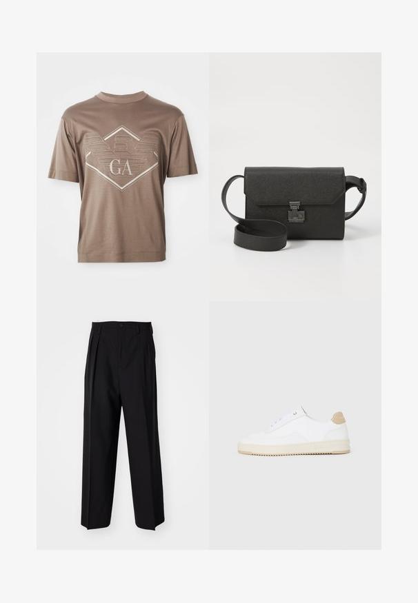 Brun kortermet T-skjorte med et sydd geometrisk emblem og "GA" bokstaver sentrert på brystet.; Sorte plissert bukser med en rett, bred benform. Laget av glatt stoff, med knappelukking og beltehemper.; Hvite lave sneakers med overdel i teksturert skinn, kremfarget såle med ribber og en brunt fargeklatt på hælen. Har hvite lisser og logodetalj på hælen.; Svart lær crossbody-veske med teksturert overflate, klaffelukk, metallbeslag og en matchende justerbar stropp.