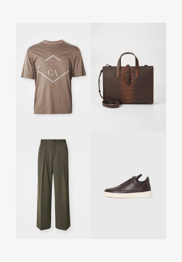 Rudas trumpas rankovėmis marškinėliai su siuvinėtu geometriniu emblema ir centruotomis "GA" raidėmis krūtinėje.; Filippa K WIDE TROUSERS - Kelnės - driftwood; Tamsiai rudas tekstūruotas odinis sportbačius su raišteliais ir baltu grioveliu ant gumos pado, pateiktas ant šviesaus fono.; Rudos krokodilo rašto odos rankinė su viršutinėmis rankenomis ir nuimamu peties dirželiu. Yra sagties užsegimas ir stačiakampis pavidalas.