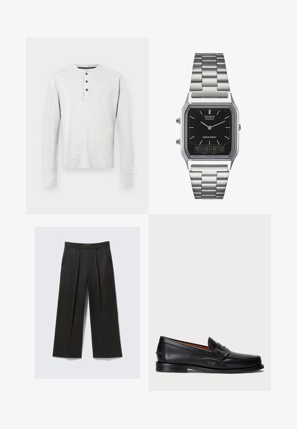 Ilgi rankoviai henley marškinėliai šviesiai pilkos spalvos, pagaminti iš minkštos tekstūruotos medžiagos, su trimis sagomis priekyje ir rankogaliais ant rankovių.; Juodos plačios kelnės su minkštu paviršiumi, turinčios dvi priekinės kišenes ir šiek tiek pakeltą juosmens liniją.; Juodos odinės loafers tipo batai su apvaliu pirštu, siuvinėta detalė ir dekoratyvine juostele per priekį. Plokščias padas su minimalia profiliu.; Sidabrinis nerūdijančio plieno kvarcinis laikrodis su juodu stačiakampiu ciferblatu, turintis analoginius rodykles, skaitmeninį ekraną ir vandeniui atsparumo etiketes.