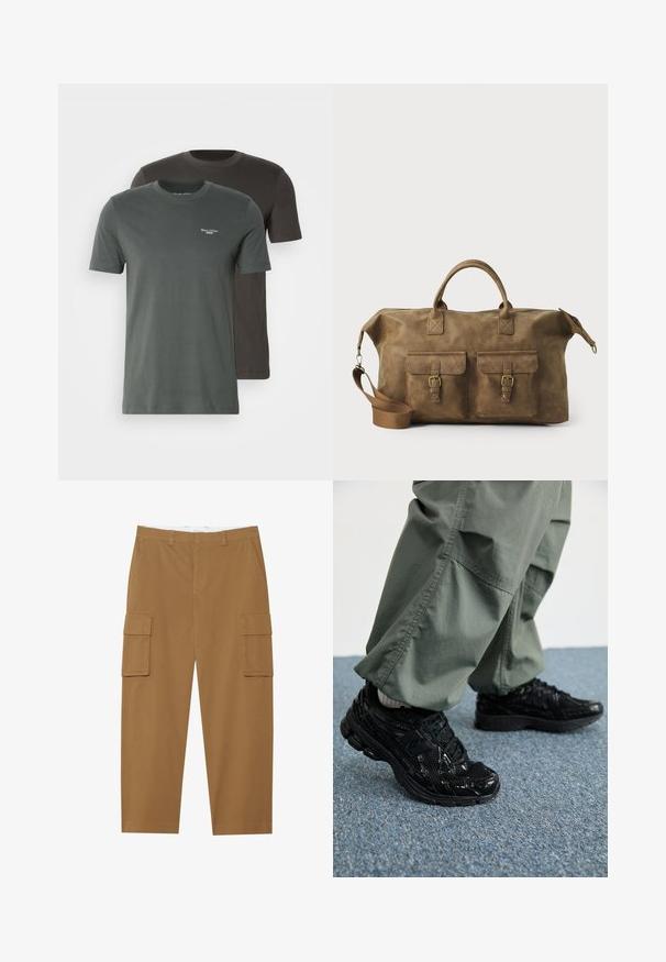 Két rövidujjú póló, az egyik sötétzöld, a másik sötétszürke, pamutból készült, kerek nyakkivágással és diszkrét logó részlettel.; Barna cargo nadrág, két oldalsó zsebbel, sima elülső résszel és egyenes szabással. Tartós anyagból készült, sima textúrával.; Fekete sportcipők fényes és hálós textúrával, vastag talppal és fűzővel, laza olívazöld cargo nadrággal párosítva.; Barna bőr utazótáska, két elülső zsebbe, állítható vállpánttal, arany színű részletekkel és masszív felső fogantyúkkal. Sima felület.