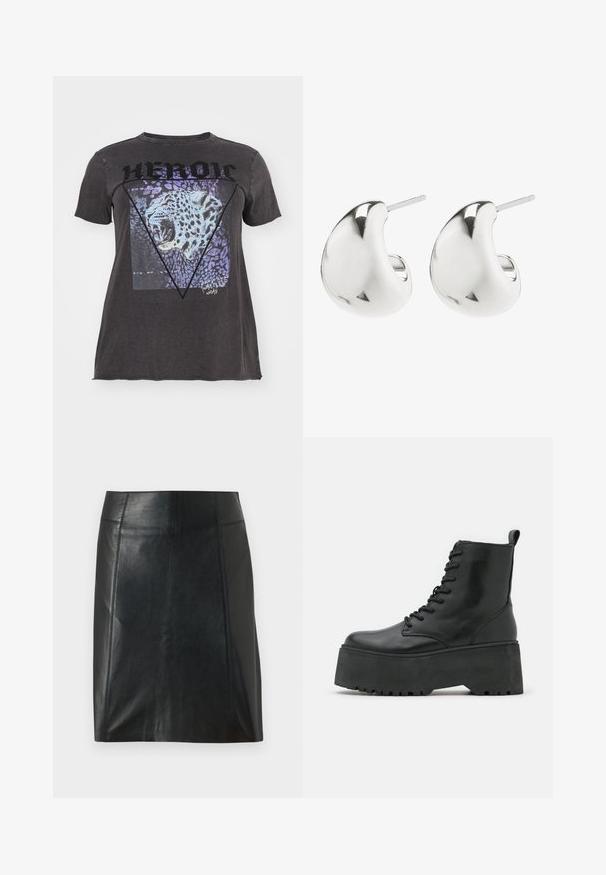 ONLY Carmakoma CARMIKO LIFE WASHED TEE - Trükipildiga T-särk - black; Mustast nahast seelik, millel on kohandatud disain. Sile tekstuur, õmblused, mis rõhutavad vormi, ja sirge äär. Minimalistlik ja stiilne välimus.; Mustad mustad kingad paksu platvormi tallaga, valmistatud siledast nahast, nööpide ja taga tõmbeauguga.; Hõbedased kõrvarõngad, millel on sile, kumer disain. Need on viimistletud poleeritud pinnaga ja neil on kinnituseks post tagasi, tagades kindla kandmise.