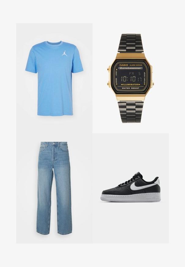 Jordan JUMPMAN CREW - Basic póló - legend blue/white; Magas derekú, világoskék farmernadrág egyenes szárakkal, elülső gombos záródással és öt zsebes stílussal, egyszínű háttér előtt.; Fekete bőr edzőcipő mintás felülettel, fehér Nike logóval, szürke talppal, kerek orral és fűzős dizájnnal. Az orr részen perforációk találhatóak.; Digitális karóra arany színű, téglalap alakú tokkal, fekete LCD kijelzővel és fekete fémből készült szíjjal. Jellemzői közé tartozik az ébresztő és a vízállóság.