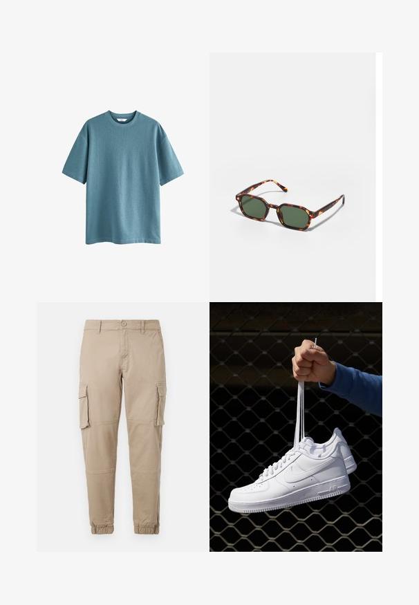 Kortærmet t-shirt med Rund hals i blødt, struktureret blåt stof. Løst fit med lige kant og ingen synlige logoer eller mønstre.; Beige cargo bukser i et letvægts bomuldsstof. Har elastiske manchetter, flere sidelommer og en knaplukning.; Hvide lædersneakers med perforeringer, rund tå, flad sål og tykke snørebånd, med et synligt swoosh-logo og "AIR" på hælen.; Skildpaddefarvede solbriller med grønne linser, der har en oktagonal form og slanke, buede arme. Materialet har en blank finish.