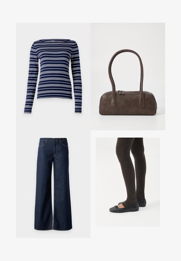Pitkähihainen tummansininen paita, jossa valkoisia vaakasuoria raitoja, venepääntie ja pehmeä, joustava kangas. Yksinkertainen, vartalonmyötäinen muotoilu, minimaaliset yksityiskohdat.; Suorat lahkeet farkut tummansinisestä denimmistä. Ominaisuuksiin kuuluvat kontrastiväriset ompeleet, viisi taskua ja nappisuljenta vyötäröllä. Sileä pinta.; Mustat matalat kengät, joissa on pieni nauha varpaissa, yhdistettynä tummanruskeisiin ribattuisiin sukkahousuihin. Kengissä on sileä pinta ja matala profiili.; Ruskea nahkalaukku, jossa on kaksi tukevasti kantavaa kahvaa, suorakaiteen muotoinen, sileä pinta ja vetoketjukiinnitys. Minimalistinen muotoilu ilman näkyviä kuvioita.
