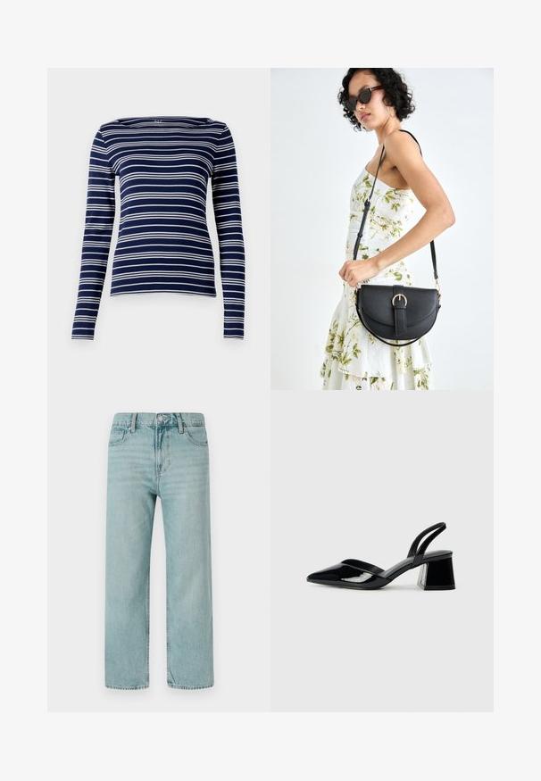 Tamnosplavni dugi rukav s bijelim horizontalnim prugama, bočna izreza i mekana, rastezljiva tkanina. Jednostavan, prilagođen dizajn, minimalni detalji.; Svijetloplave široke traperice izrađene od denima, s klasičnim dizajnom s pet džepova, čistim linijama i regularnim pojasom s kopčanjem na gumb.; Crne lakirane kožne sandale s otvorenom petom i špicastim vrhom, s geometrijskom blok petom. Imaju elegantan, minimalistički dizajn i glatku teksturu.; Crna kožna torba s lukovitim oblikom, odvojivim remenom i zlatnim detaljima. Torba ima preklop s kopčom.