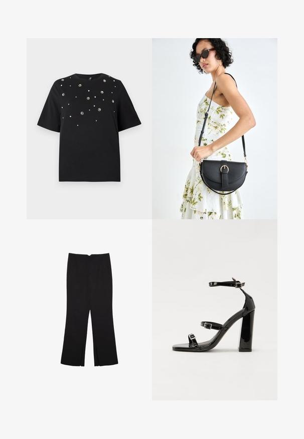 Schwarzes T-Shirt mit kurzen Ärmeln, Rundhalsausschnitt und verstreuten silbernen Verzierungen in floralen Mustern auf der Vorderseite.; Schwarze Hose mit geradem Schnitt, ausgestattet mit Fronttaschen und Seitenschlitzen am Saum. Hergestellt aus weichem, glattem Stoff. Geeignet für verschiedene Anlässe.; Schwarze patentierte Sandalen mit Absatz, quadratischer Spitze, Knöchelriemen und silbernen Schnallen. Mit einem stabilen Blockabsatz für mehr Stabilität.; Schwarze Lederhandtasche mit geschwungener Form, abnehmbarem Tragegurt und goldenen Beschlägen. Die Tasche verfügt über einen Deckel mit einer Schnallen-Details.