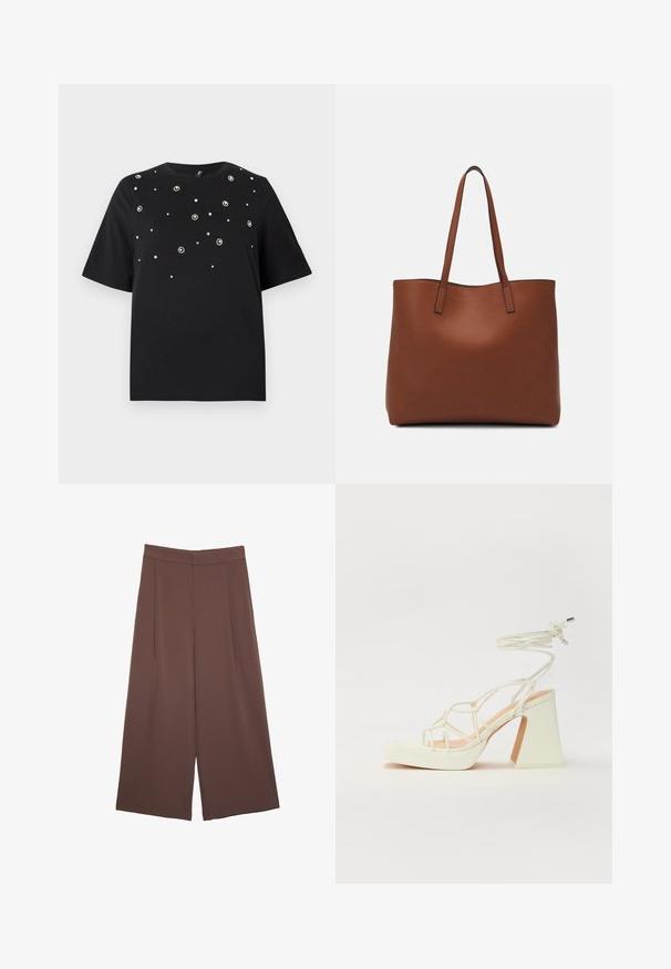 Zwart t-shirt met korte mouwen, ronde hals en verspreide zilveren versieringen in bloemmotieven over de voorkant.; Bruine wijde broek met een gladde textuur, voorzien van een hoge taille en plooien aan de voorkant. De stof is lichtgewicht en valt losjes.; Witte hoge hakken sandaal met een chunky hak, met een bandjesontwerp en enkelband. Gladde textuur met een plateau voor extra hoogte.; Bruine leren tote bag met een gladde textuur, een ontwerp met een open bovenkant en twee schouderbanden. Kenmerkt zich door minimale stiksels en geen zichtbare hardware.