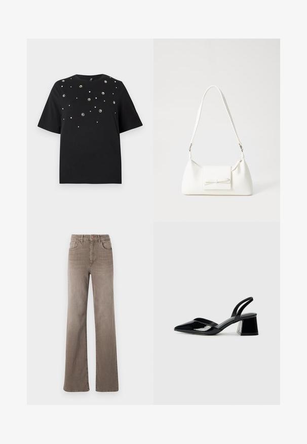 T-shirt noir à manches courtes, col rond, avec des embellissements argentés dispersés en motifs floraux sur le devant.; Jean taille haute droit marron avec bouton avant, passants de ceinture et design classique à cinq poches sur fond blanc.; Escarpins en cuir verni noir avec bout pointu et talon bloc géométrique. Présente un design élégant et minimaliste ainsi qu'une texture lisse.; Sac à main synthétique blanc en forme triangulaire, avec un rabat avant plat et un détail en nœud, une bandoulière ajustable, une texture lisse et un design minimaliste.