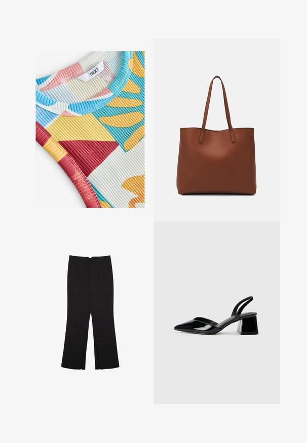 Next REGULAR FIT - RACER TANK SLEEVELESS - Linne - blue yellow; Svarta byxor med rak passform, utrustade med framfickor och sidoklyvningar vid fållen. Tillverkade av mjukt, slätt tyg. Lämpliga för olika tillfällen.; Svarta lackläder slingback klackar med spetsig tå och geometrisk klack. Har en elegant, minimalistisk design och slät yta.; Brun läder tote-väska med en slät textur, öppen toppdesign och två axelremmar. Har minimal söm och ingen synlig metalldetalj.