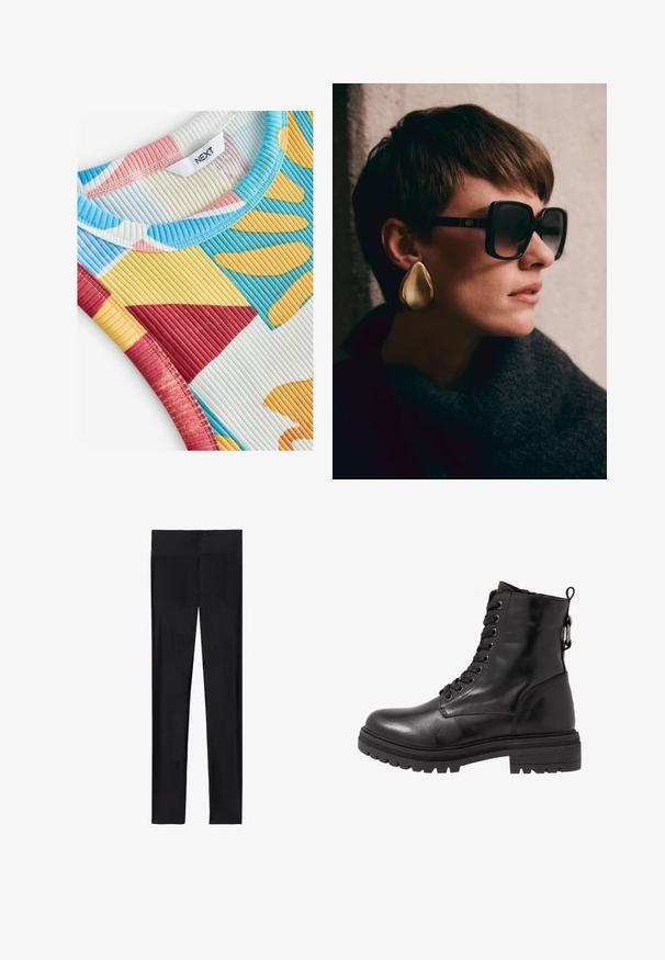 Next REGULAR FIT - RACER TANK SLEEVELESS - Top - blue yellow; Leggings negros hechos de tela elástica; presentan una textura suave, diseño de pierna completa y una cinturilla elástica sin costuras visibles.; Botín negro de cuero hasta el tobillo con punta redonda, cordones en la parte delantera y suela de goma texturizada. Cuenta con una tira en la parte trasera y costuras reforzadas.; Gafas de sol negras de gran tamaño con lentes oscuros y detalles dorados, combinadas con un gran pendiente en forma de lágrima dorado y brillante. Bufanda texturizada oscura.