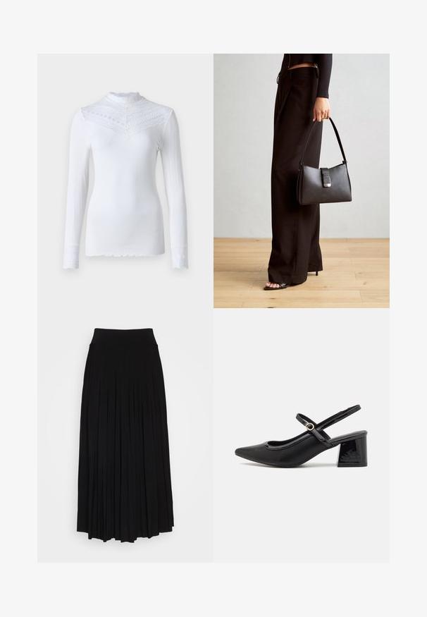 Rosemunde BENITA REGULAR T NECK - Ilgarankovis viršutinės dalies drabužis - new white; Juodas plisuotas sijonas su aukštu, tampri juosta. Pagamintas iš minkštos medžiagos, turi vertikalias plisėles, sukuriantis laisvą siluetą.; Juodi patentinio odos slingback aukštakulniai su smailiu pirštu, apvaliu išpjovimu ir blokiniu kulnu. Papuošti auksiniu juostos akcentu.; Juodas rankinė struktūrizuota forma, lygi tekstūra ir metalinis užsegimas. Suporuota su plačiomis juodomis kelnėmis ir atvirais bateliais ant medinių grindų.