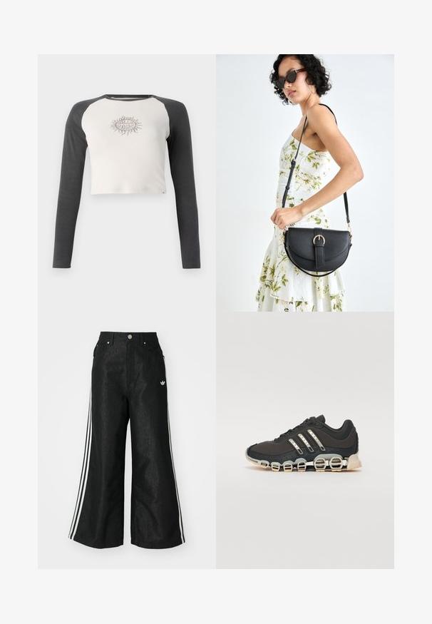 Camisa de manga longa cortada, com corpo em cinza claro e mangas em cinza escuro. Apresenta um gráfico de sol em bege no peito. Material de algodão.; Calças de denim largas pretas com três riscas brancas em cada lado e um pequeno logótipo branco. Apresenta bolsos frontais e um fecho de botão.; Shoe desportivo preto com um upper texturizado, três riscas prateadas e uma sola de amortecimento distinta, apresentando múltiplas secções integradas.; Bolsa de couro preta com forma curva, alça destacável e detalhes em dourado. A bolsa possui uma aba com detalhe de fivela.