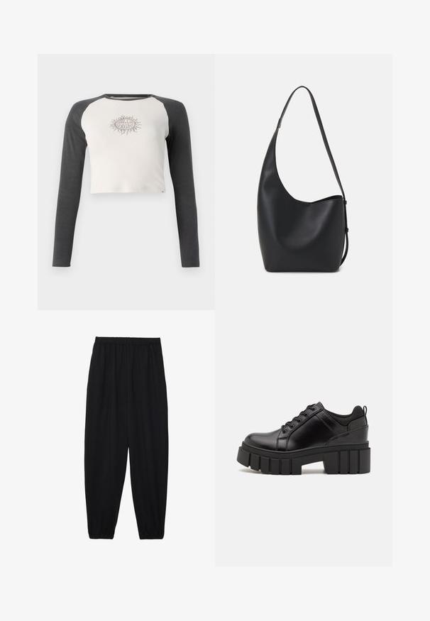 Lyhythihainen pitkähiha shirt, jossa on vaaleanharmaa runko ja tummanharmaat hihat. Rinnassa beige aurinkokuvio. Puuvillamateriaali.; Mustat, kevyet housut, joissa on joustava vyötärö ja kerätyt nilkat. Kangas on sileä ja siinä on rento, kapeneva muotoilu.; Mustat nahkakengät, joissa on lättihenkinen korko, pyöreä kärki ja perinteinen nauhakiinnitys. Ominaisuuksiin kuuluu sileä pintakuvio ja minimaalinen yksityiskohtaisuus.; Musta nahkainen hobo-laukku, jossa on sileä pinta, kaareva muoto ja yksi säädettävä olkahihna; sisäänkäynti on leveä ylhäältä.