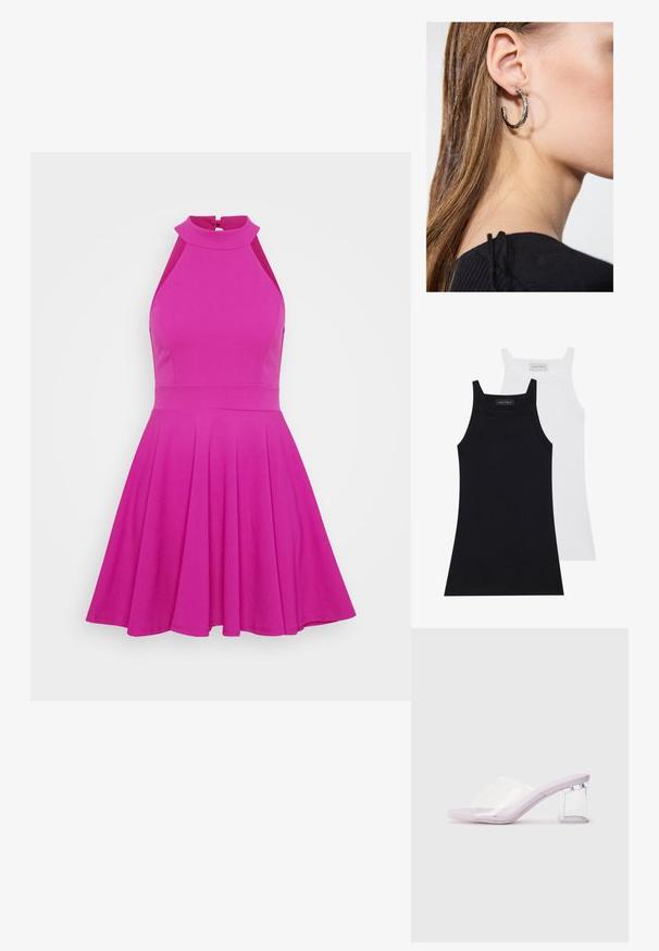 Zwei ärmellose Oberteile in Schwarz und Weiß. Hergestellt aus weichem, dehnbarem Stoff mit ribbeliger Textur und körpernahem Schnitt. Mit schmalen Trägern ausgestattet.; Figurbetontes pinkes Kleid mit hohem Kragen, ärmellosem Design und ausgestelltem Rock. Hergestellt aus glattem Material ohne sichtbare Muster oder Beschläge.; Lavendelfarbene mules mit Absatz aus klarem Kunststoff und transparentem Blockabsatz. Glatte Textur, offenes Zehendesign, minimalistischer Stil.; Silberne Creolen mit polierter Oberfläche, die kleine goldene Akzentdetails und eine runde Form aufweisen, am Ohrläppchen getragen.