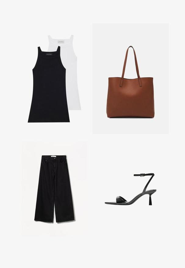 Zwei ärmellose Oberteile in Schwarz und Weiß. Hergestellt aus weichem, dehnbarem Stoff mit ribbeliger Textur und körpernahem Schnitt. Mit schmalen Trägern ausgestattet.; Bershka WIDE-LEG - Wide Leg - black; Bershka High Heel Sandalette - black; Braune Leder-Tote mit glatter Textur, offenem Oberteil und zwei Schulterriemen. Verfügt über minimale Nähte und keine sichtbaren Beschläge.