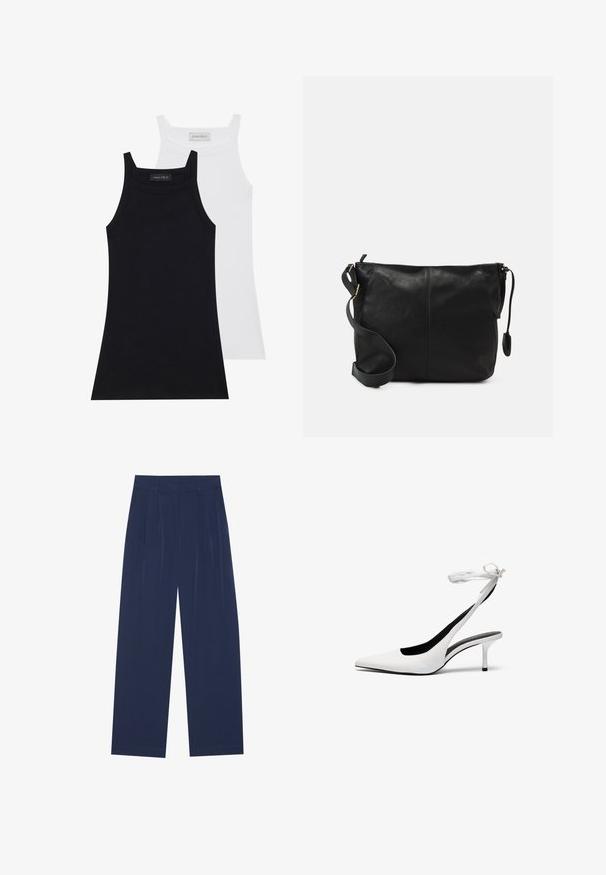 Două topuri fără mâneci, în culorile negru și alb. Fabricate dintr-un material moale și elastic, cu o textură ribbată și un design ajustat. Prezintă bretele înguste.; Pantaloni largi de culoare bleumarin, confecționați dintr-un material moale, cu pliseuri frontale, o textură netedă și o croială dreaptă, fără buzunare vizibile.; Pantofi cu toc slingback albi, cu vârful ascuțit și curea subțire la glezna. Material din piele netedă, toc subțire stil stiletto și căptușeală interioară neagră.; Geantă de umăr din piele neagră, cu o formă plată, accente de metal auriu și o curea ajustabilă. Textură netedă cu detalii de cusătură minime.