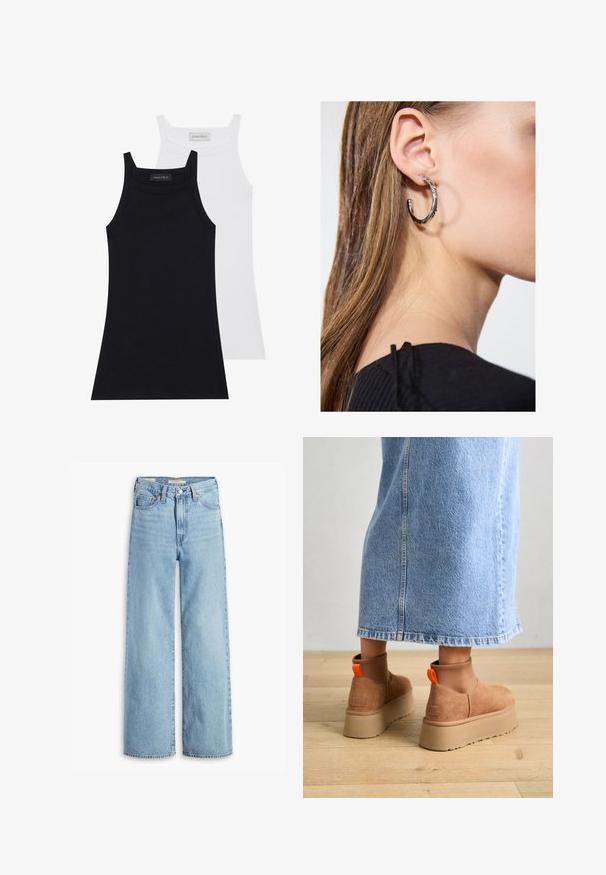 To sove tops i sort og hvid. Lavet af blødt, strækbart stof med en ribbet tekstur og et tætsiddende design. Har smalle stropper.; Højtaljede, lyseblå, vide bukser med knap og lynlås fortil, bæltestropper og fem lomme-stil.; Brune ruskinds platform støvler med elastiske sidepaneler og orange trækstropper, parret med en knælang lys denimnederdel på et trægulv.; Sølv hoop ørestik med en poleret overflade, prydet med små guld accenter og en rund form, båret på øreflippen.