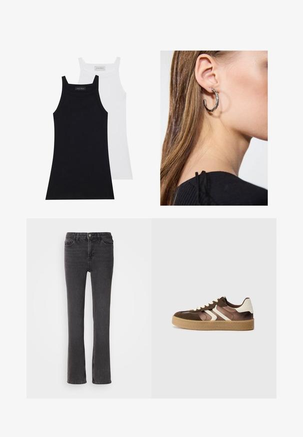 Kaksi hihattomaa toppia mustana ja valkoisena. Valmistettu pehmeästä, venyvästä kankaasta, jossa on ohut ribbidetekstuuri ja vartalonmyötäinen muotoilu. Ominaisuuksina kapeat olkaimet.; Mustat denim-farkut suoran lahje-istuvuudella, joissa on etutaskut, vetoketjuhalkio ja hienovaraiset ompeluyksityiskohdat. Kankaan pinnassa on lievä tekstuuri.; Ruskeat ja kermaiset tennarit, joissa on mokkanahka- ja satiinimateriaaleja, kolmena vinona nauhana ja teksturoitu kumipohja.; Hopea renkaankorvakoru kiiltävällä pinnalla, jossa on pieniä kultaisia yksityiskohtia ja pyöreä muoto, käytetty korvalla.