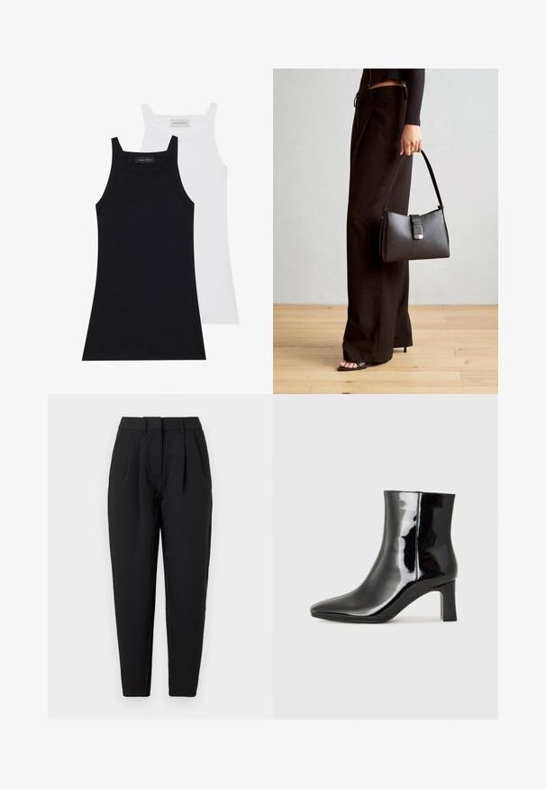 Two sleeveless tops in black and white. Made of soft, stretchy fabric with a ribbed texture and a fitted design. Features narrow straps.; Black trousers with a straight fit, featuring pleats at the front, a smooth texture, and side pockets. The waistband is standard height.; Black patent leather ankle boot with a pointed toe and a mid-height block heel. Smooth texture and minimalist design.; Black handbag with structured shape, smooth texture, and a metallic clasp. Paired with wide black pants and open-toe sandals on wooden floor.