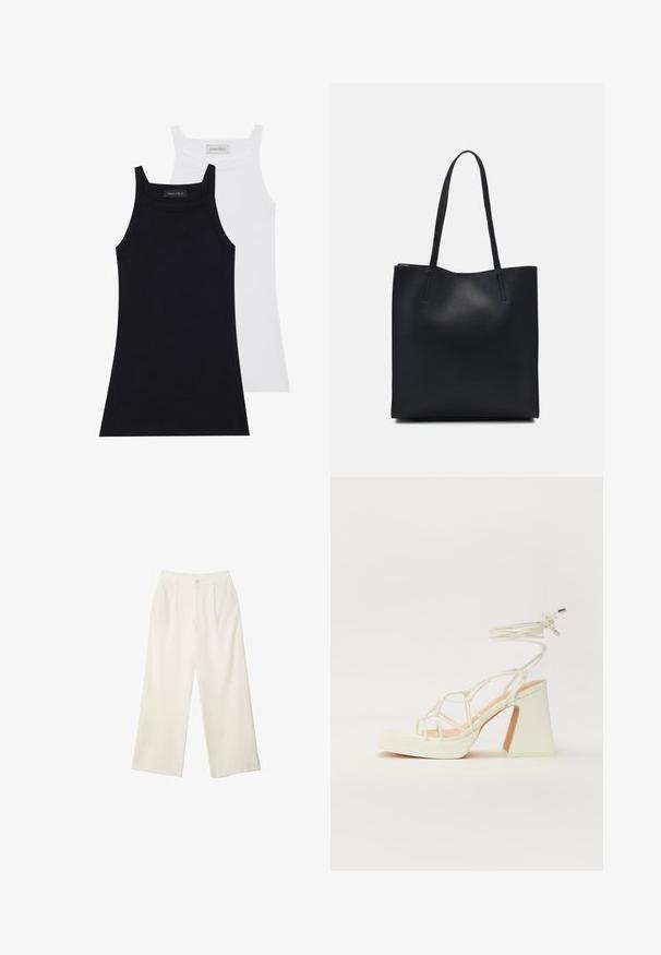 Due top senza maniche in nero e bianco. Realizzati in un morbido tessuto elasticizzato con una texture a costine e un design aderente. Presentano spalline sottili.; Pantaloni a gamba larga in tessuto crema con una texture liscia, caratterizzati da un singolo bottone frontale, pieghe sottili e un design a vita alta.; Sandalo bianco con tacco alto, caratterizzato da un design a cinturini e un legaccio alla caviglia. Texture liscia con una piattaforma frontale per un'altezza aggiuntiva.; Borsa tote in pelle nera con texture liscia, forma rettangolare e due manici lunghi. Nessun hardware o decorazione visibile.