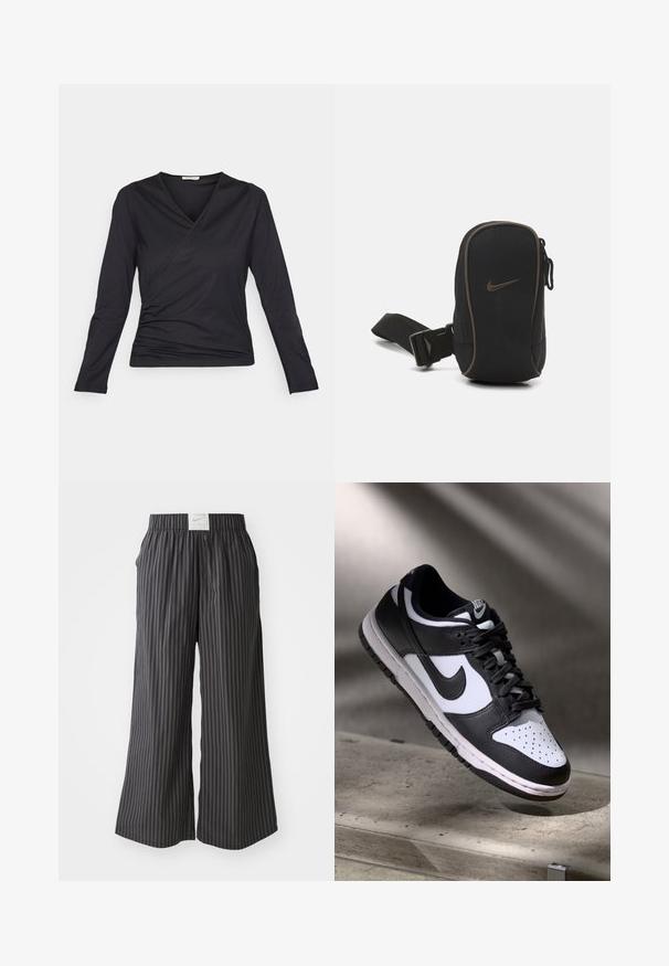 Juodas ilgas rankovės marškinėlis, pagamintas iš minkštos medžiagos, turi apvyniojimo dizainą, V formos iškirpimą ir susiraukšlėjimą šone. Lygi tekstūra.; Juodai ir pilkai dryžuotos plačios kelnės su elastine juosta ir Nike logotipo etikete gale. Lengvas audinys, laisvas dizainas.; Juoda ir balta Nike Dunk Low sportbačiai su odiniu viršumi, perforuotu pirštų dėklu ir juodomis raištelėmis, turintys baltą padą ir logotipo akcentus.; Juodas Nike maišelis su užtrauktuku, tekstūruota medžiaga, rudi akcentai ir nuimamas diržas. Priekyje matomas ryškus Nike logotipas.