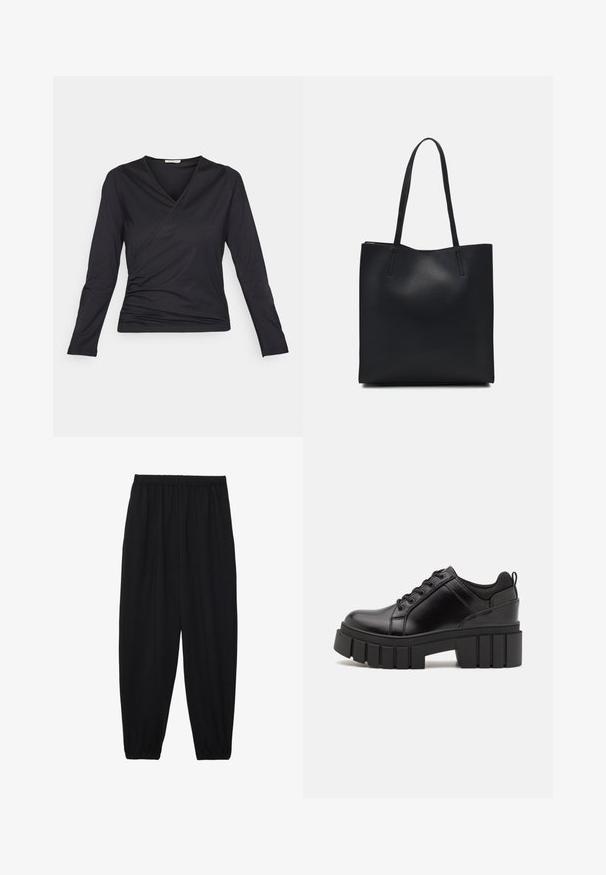 Top preto de manga longa feito de material suave, com design envolvente, decote em V e detalhe franzido de lado. Textura suave.; Calças pretas, leves, com um cinto elástico e punhos franzidos. O tecido é suave e apresenta um design relaxado e afunilado.; Sapatos de plataforma em couro preto com um salto bloco robusto, bico redondo e design clássico de atacadores. Apresentam uma textura suave e detalhes mínimos.; Bolsa tote preta em couro com textura lisa, forma retangular e duas alças longas. Sem hardware ou enfeites visíveis.