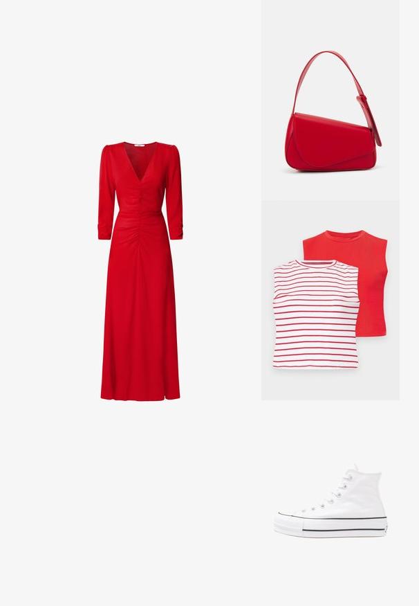 Dos camisetas de manga corta: una de color rojo sólido y otra blanca con rayas rojas horizontales. Ambas tienen escote redondeado y una textura de algodón suave.; Vestido rojo con escote en V, mangas tres cuartos y detalles fruncidos en la cintura y la espalda. La tela parece suave y ligera.; Zapatilla de lona alta blanca con suela de goma negra, puntera de goma frontal y seis ojetes para los cordones, que presenta un diseño limpio y minimalista.; Bolso de cuero rojo con un diseño angular y geométrico. Cuenta con una única correa ajustable y un cierre de solapa con detalles de costura.