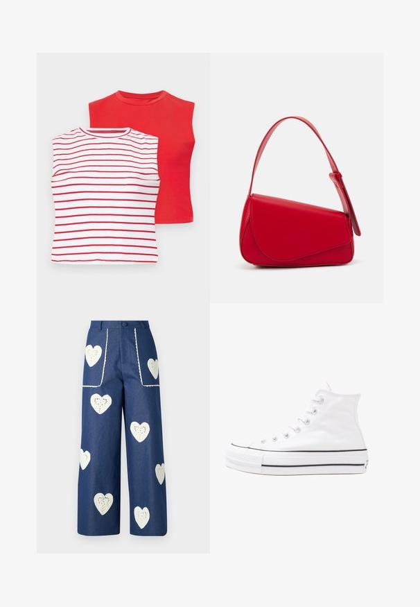 Twee T-shirts met korte mouwen: één in effen rood en één in het wit met horizontale rode strepen. Beide hebben een ronde halslijn en zijn gemaakt van een zachte katoenen stof.; Sister Jane HEART TO HEART - Straight leg jeans - blue denim; Witte high-top canvas sneakers met een zwarte rubberen zool, een rubberen neuskap aan de voorkant en zes gaatjes voor veters, met een schone, minimalistische uitstraling.; Rode leren handtas met een hoekig, geometrisch ontwerp. Beschikt over een enkele verstelbare schouderriem en een klepclosure met gestikte details.