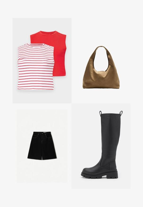 Zwei kurzärmlige Oberteile: eines in rot einfarbig und eines in weiß mit horizontalen roten Streifen. Beide haben runde Ausschnitte und eine weiche Baumwolltextur.; Schwarze Denim-Shorts mit lockerer Passform, ausgestattet mit fünf Taschen, gelben Nähakzenten und einem mittelhohen Bunddesign.; Schwarze kniehohe Stiefel aus glattem Leder mit einer dicken Sohle und leichtem Absatz. Verfügt über Ziehschlaufen und elastische Seitenpanels für ein einfaches Anziehen.; Braune Stoffschultertasche mit einem breiten, runden Körper und einem großen Ausschnittgriff. Sanfte Textur, minimalistisches Design und keine sichtbaren Beschläge.