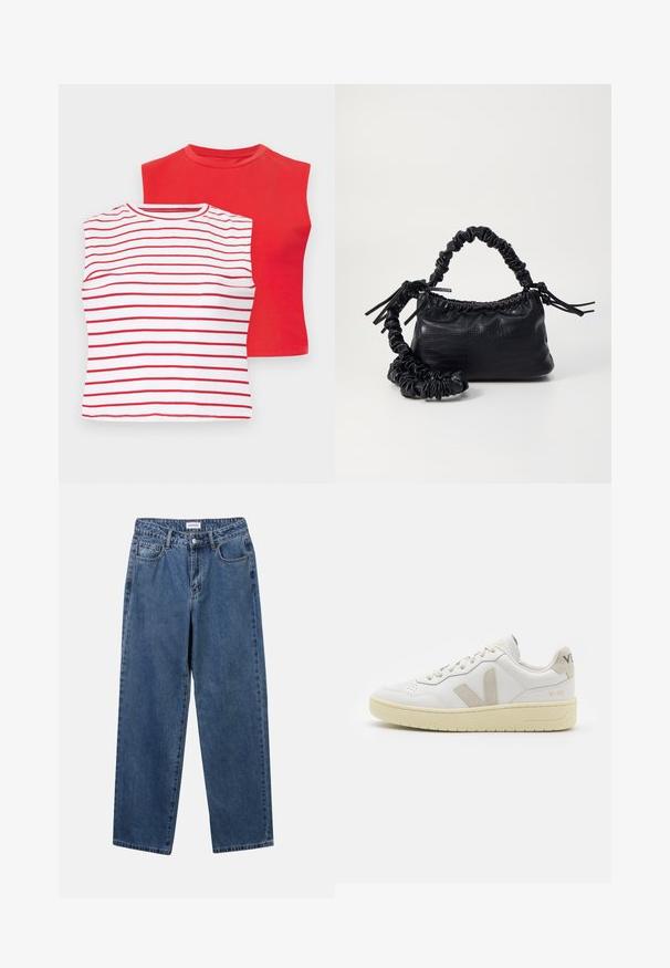 Zwei kurzärmlige Oberteile: eines in rot einfarbig und eines in weiß mit horizontalen roten Streifen. Beide haben runde Ausschnitte und eine weiche Baumwolltextur.; Klassische blaue Denim-Jeans mit geradem Bein, fünf Taschen und Knopfverschluss. Sie verfügen über eine mittelblau gewaschene Optik und sind aus robuster Textur.; Weiße Ledersneaker mit beigen Wildlederakzenten, perforierte Zehenbox, flache Schnürsenkel und eine strukturierte cremefarbene Sohle. Mit dezentem Branding an der Ferse.; Schwarze Handtasche aus Kunstleder mit Krokodilstruktur, gerafftem oberen Teil und einem geschoppten Tragegurt. Sie wirkt weich und kompakt im Design.