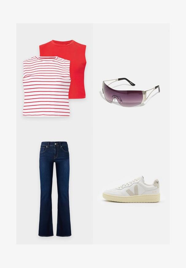 Du suknelės trumpomis rankovėmis: viena raudona vientisos spalvos, o kita balta su horizontaliomis raudonomis juostelėmis. Abi turi suapvalintą iškirptę ir minkštą medvilnės tekstūrą.; Tamsiai mėlynos džinsinės plačios kelnės su vidutinio aukščio juosmeniu, priekinėmis kišenėmis ir kontrastinga siuvinėjimu. Su metaliniu mygtuko užsegimu ir diržo kilpomis.; Balti odiniai sportbačiai su kreminiais zomšos akcentais, perforuota pirštų dalimi, plokščiomis raišteliais ir struktūruota kreminėmis padomis. Ant kulno yra subtilus ženklinimas.; Akiniai nuo saulės su dideliu, išlenktu purpuriniu lęšiu, sidabro metaliniais akcentais ir juodomis tempomis su logotipu. Matomi tekstūruoti rėmo detalės.