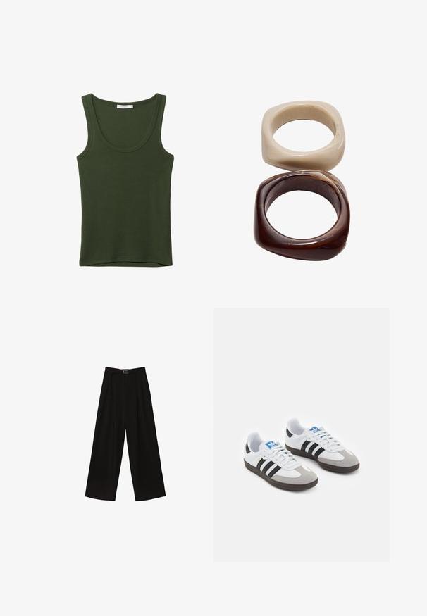 Olivgrön linne i mjukt, stretchigt tyg. Har en rund halsringning och breda axelband, med en rak fåll i botten. Inga mönster eller detaljer.; Svarta vida byxor med hög midja, med ett bälte i midjan och veck för textur. Tillverkade av ett slätt, lätt material.; Sportskor med överdel i vit läder, grå mocka på tårna och tre svarta ränder. Har en blå logotyp på tungan och en texturerad gummisula.; Stradivarius SET - Armband - dark brown