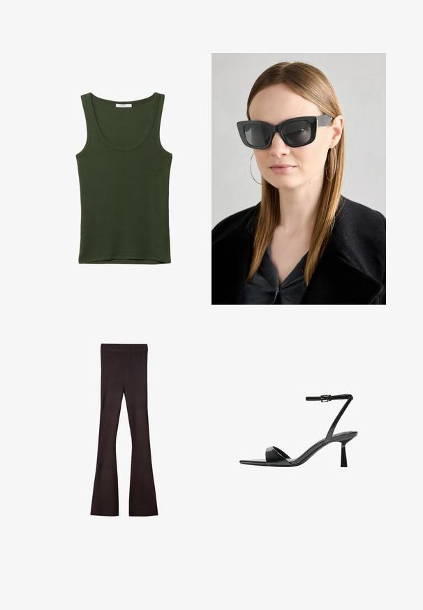 Olive green tank top in soft, stretch fabric. Features a round neckline and wide straps, with a straight hem at the bottom. No patterns or accents.; Bershka Trousers - dark brown; Bershka High heeled sandals - black; Black cat-eye sunglasses with dark lenses, thick frames, and subtle accents. Worn with a black coat and gray top, featuring long straight hair.